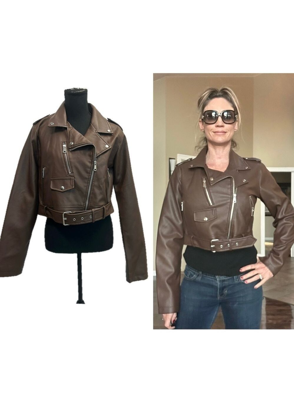 New Look dark chocolate Brown faux Leather Biker moto Jacket Sz L